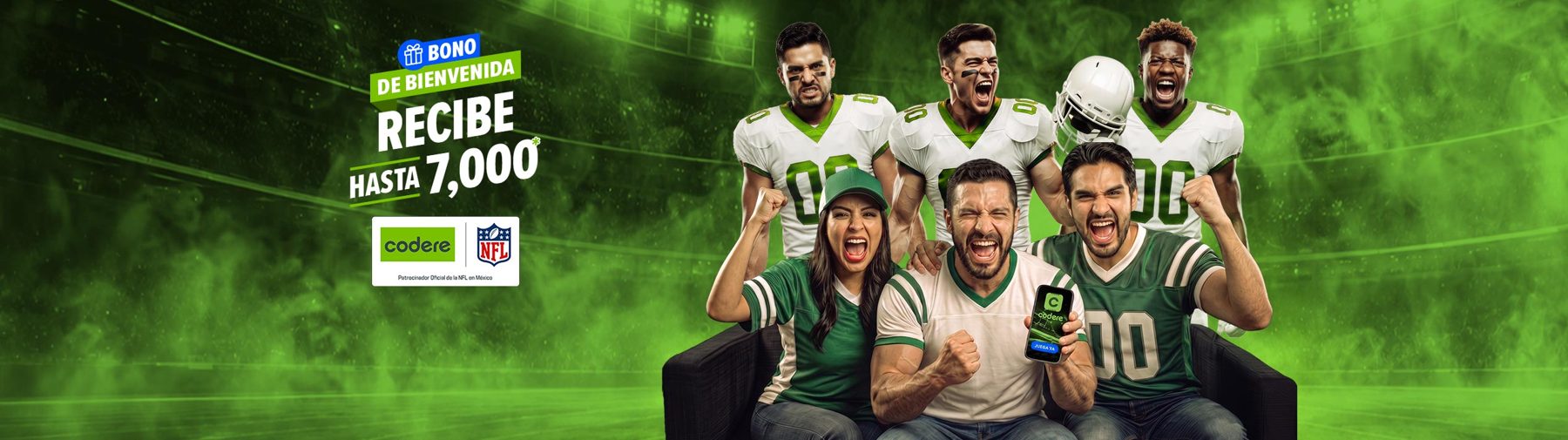 Bono de bienvenida: recibe hasta 7,000 FD. Codere, patrocinador oficial de la NFL en México.
